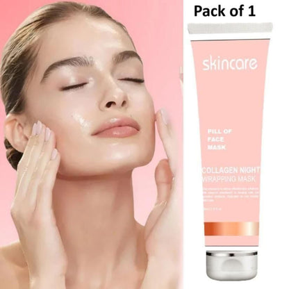 Woman applying face mask with a pink skincare tube on a pink background