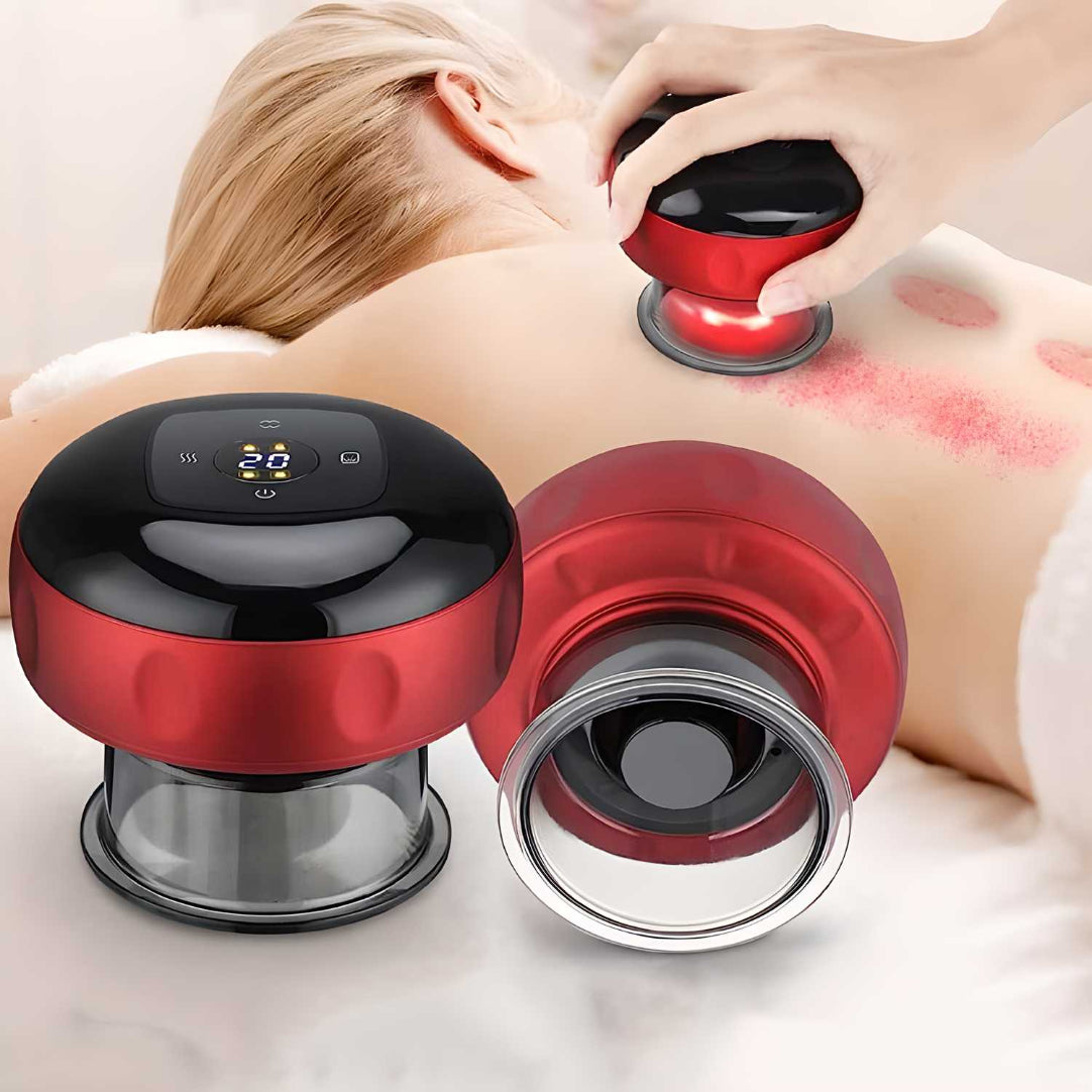 Red and black massage device being used on a person's back