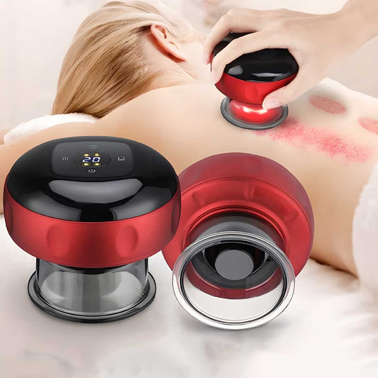 Red and black massage device being used on a person's back