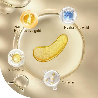 Cosmetic product with labeled ingredients including 24K Nano-active gold, Hyaluronic Acid, Vitamin C, and Collagen on a beige background.