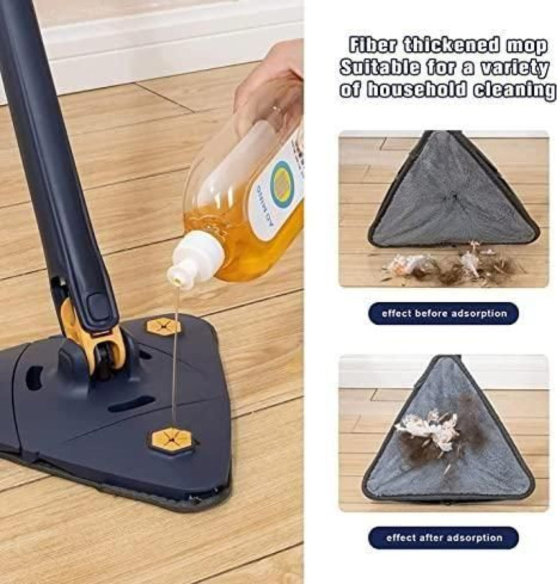 Cleaning device with a fiber-thickened mop head being used on a wooden floor, showing before and after effects.
