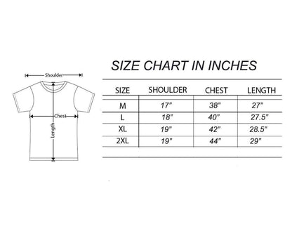 Size chart for shirts in inches with a diagram of a t-shirt on the left.