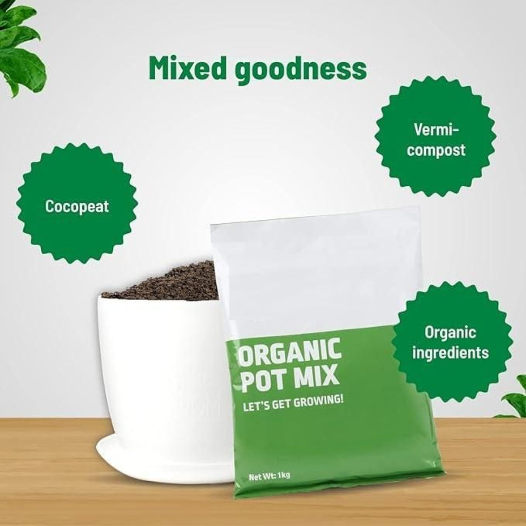Bag of organic pot mix with a plant on a wooden surface, featuring text about ingredients.