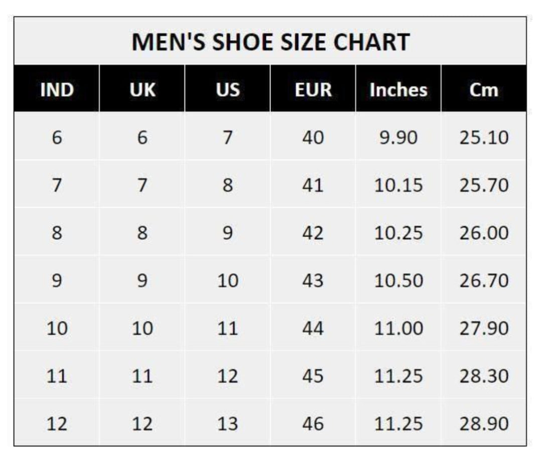 Men's shoe size chart with various measurement units