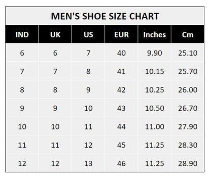 Men's shoe size chart with various measurement units