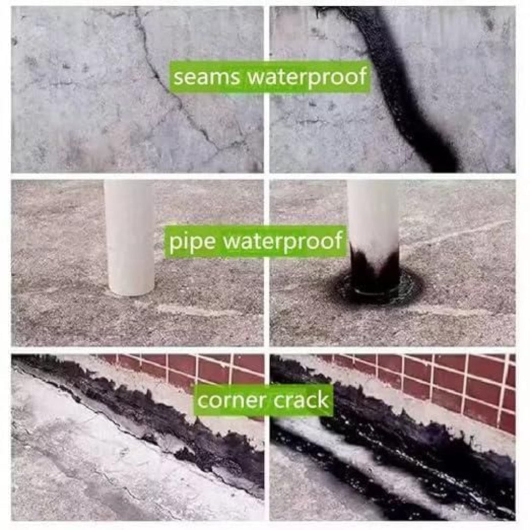 Collage of waterproofing solutions applied to various surfaces with labels.
