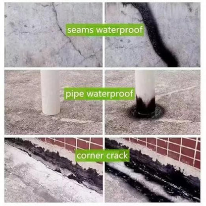 Collage of waterproofing solutions applied to various surfaces with labels.