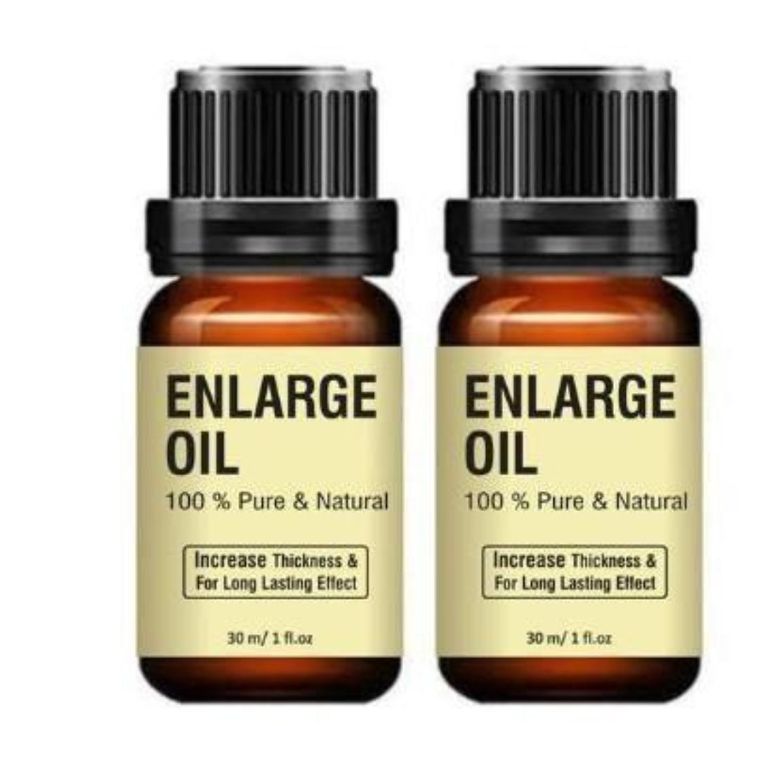 Two bottles of 'Enlarge Oil' on a white background
