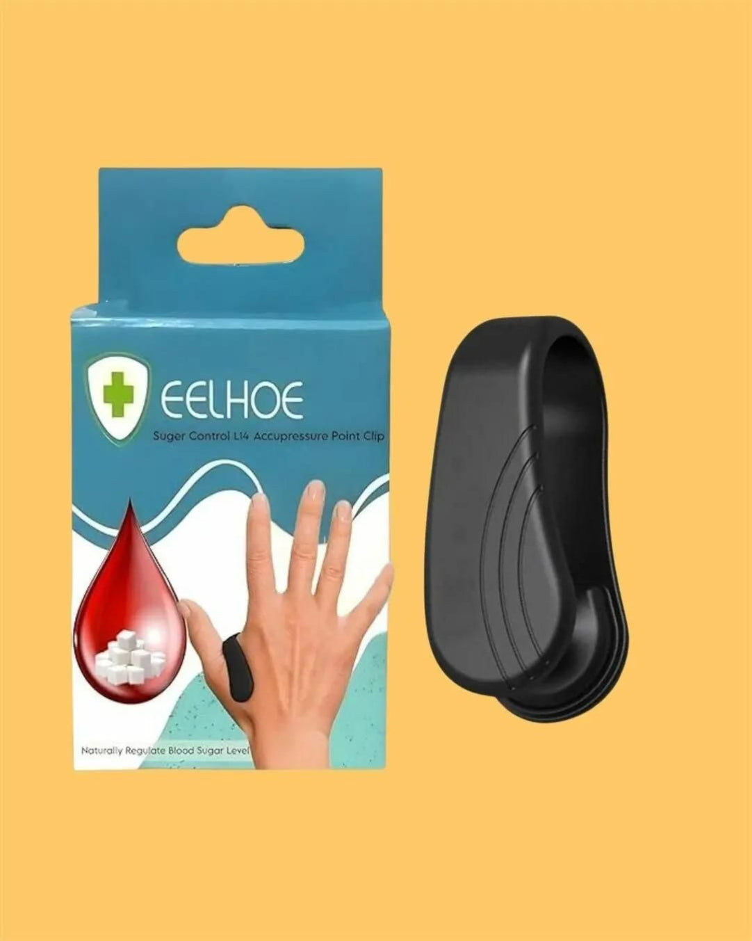 Eelhoe blood glucose monitoring device packaging and black clip on a yellow background
