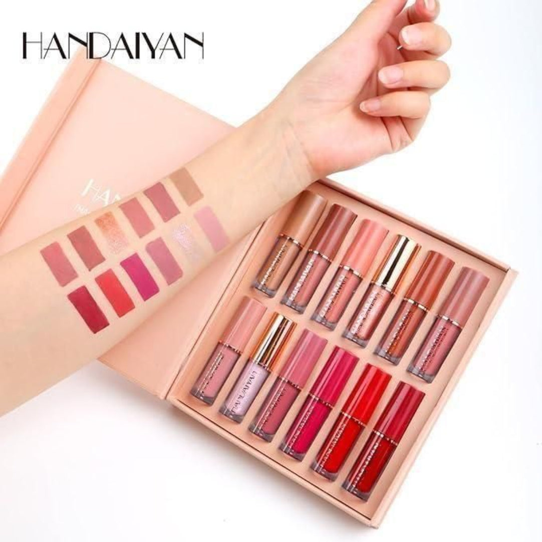 Handaiyan lip gloss set with swatches on a white background