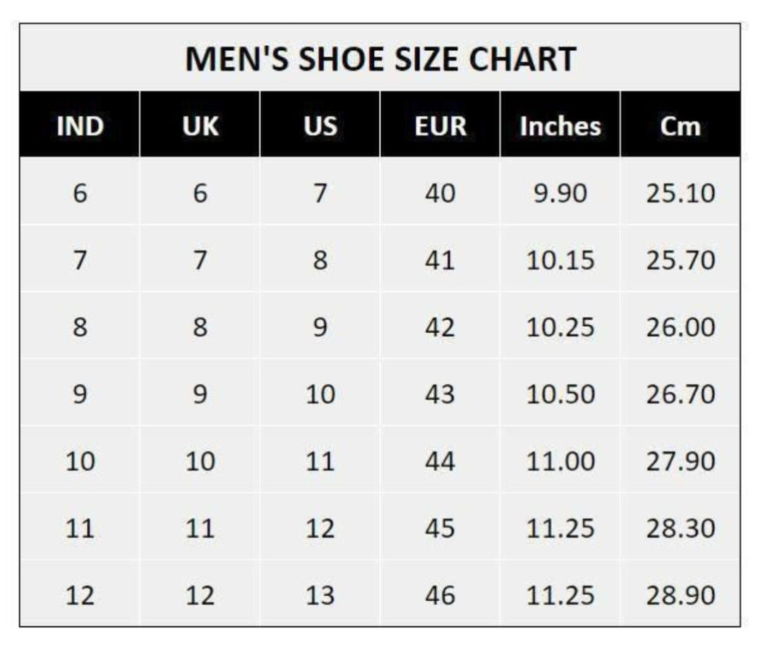 Men's shoe size chart with measurements in inches and centimeters