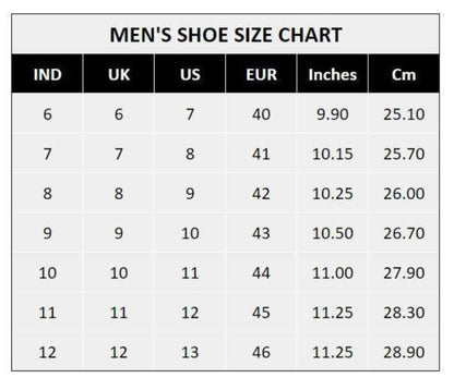 Men's shoe size chart with measurements in inches and centimeters