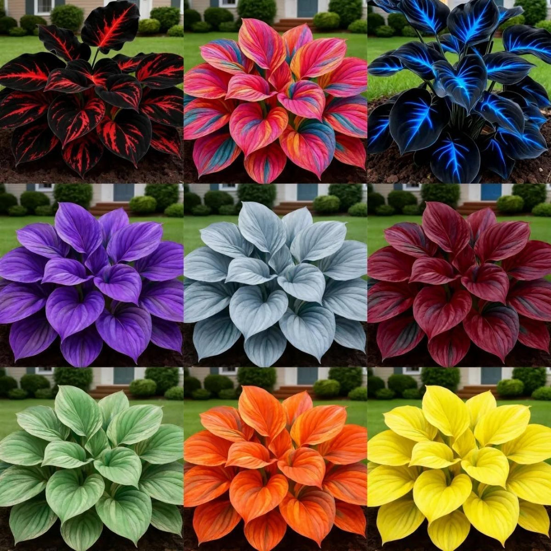 Collage of various hosta plants with different colored leaves.