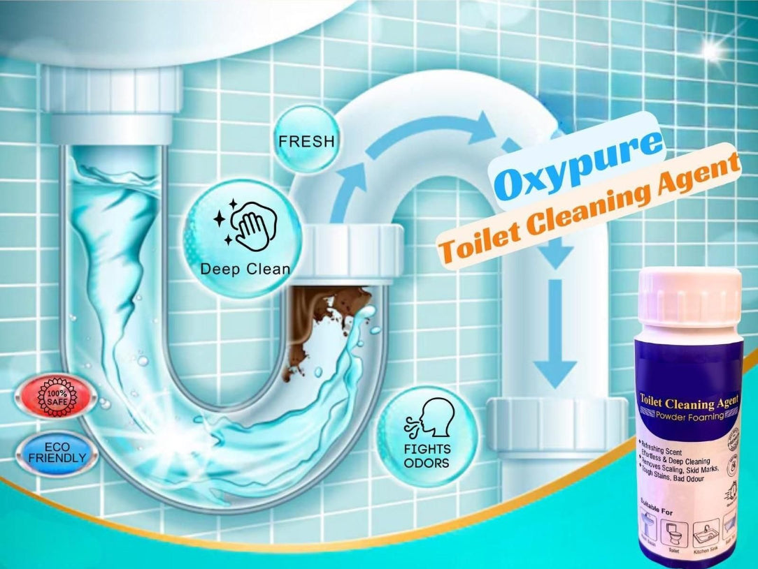 Oxypure toilet cleaning agent with a toilet illustration on a blue background