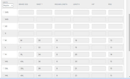 Measurement chart for pants with size labels and corresponding measurements.
