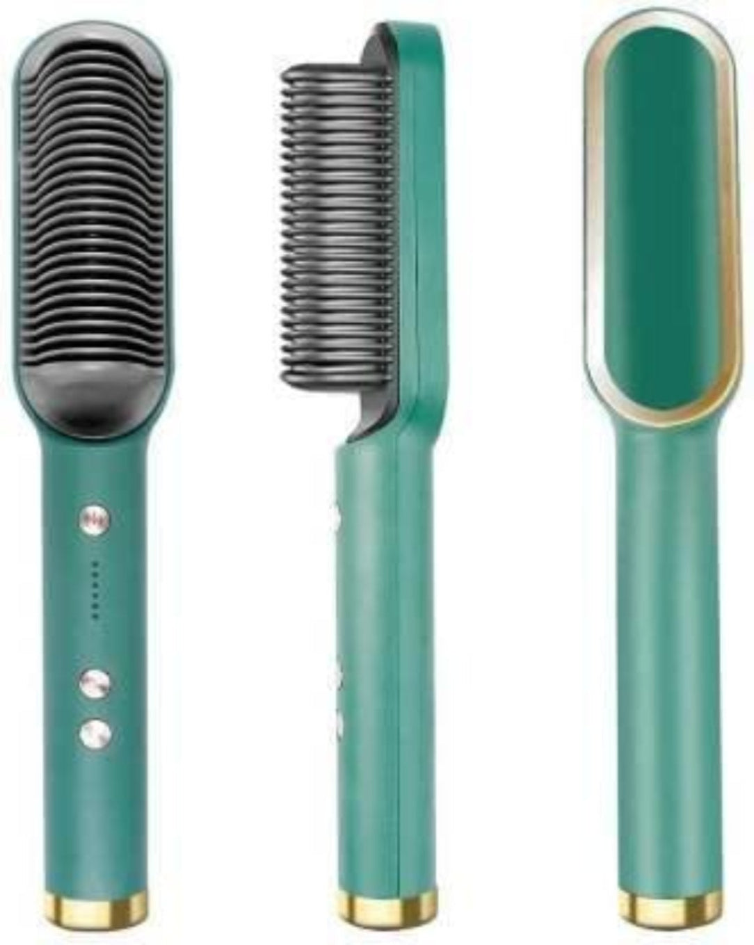 Set of three green hair styling tools including a comb and two brushes on a white background.