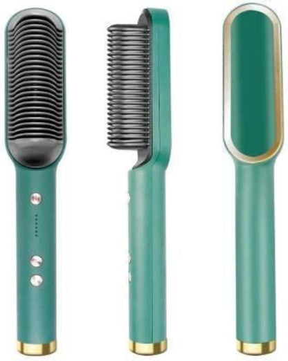 Set of three green hair styling tools including a comb and two brushes on a white background.