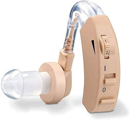Beige hearing aid device on a white background