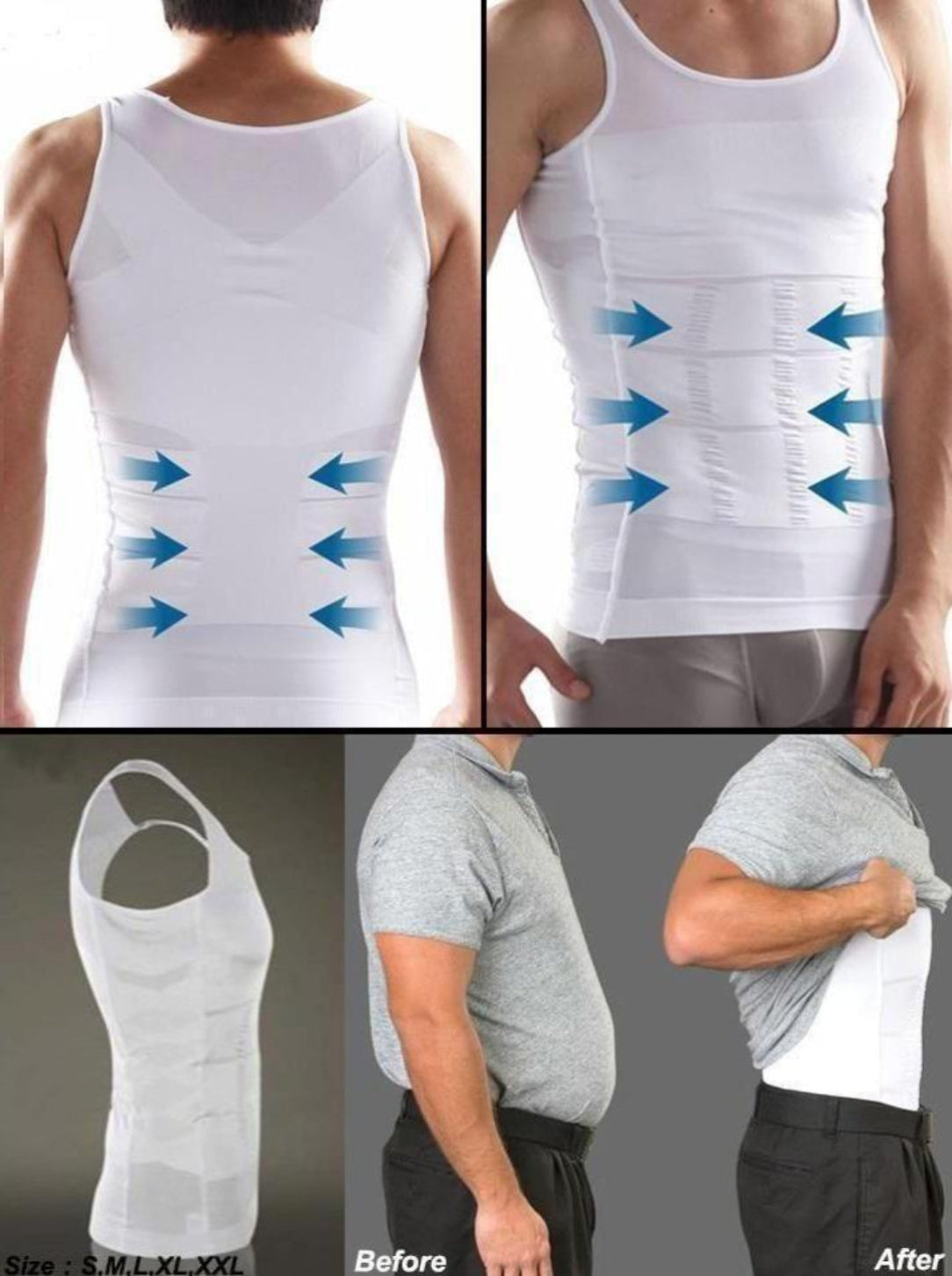 White compression tank top with blue arrows on a person, showing before and after effects.