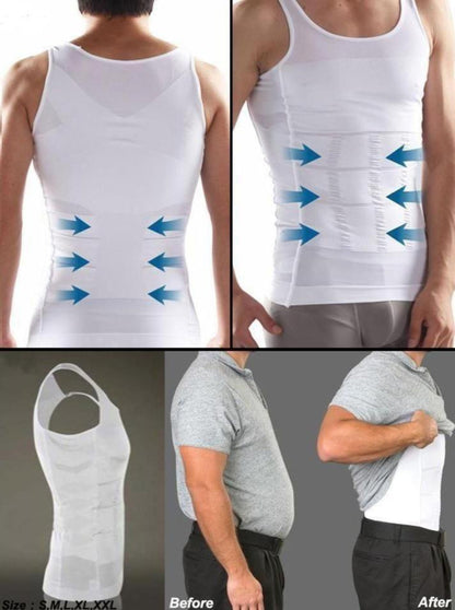 White compression tank top with blue arrows on a person, showing before and after effects.