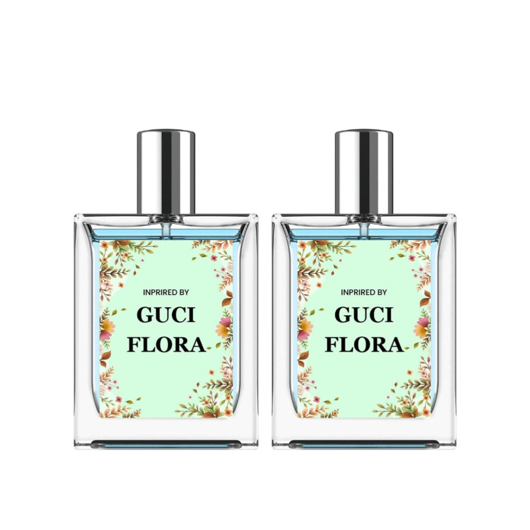 Two bottles of a perfume inspired by Gucci Flora on a white background