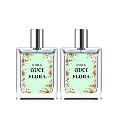 Two bottles of a perfume inspired by Gucci Flora on a white background