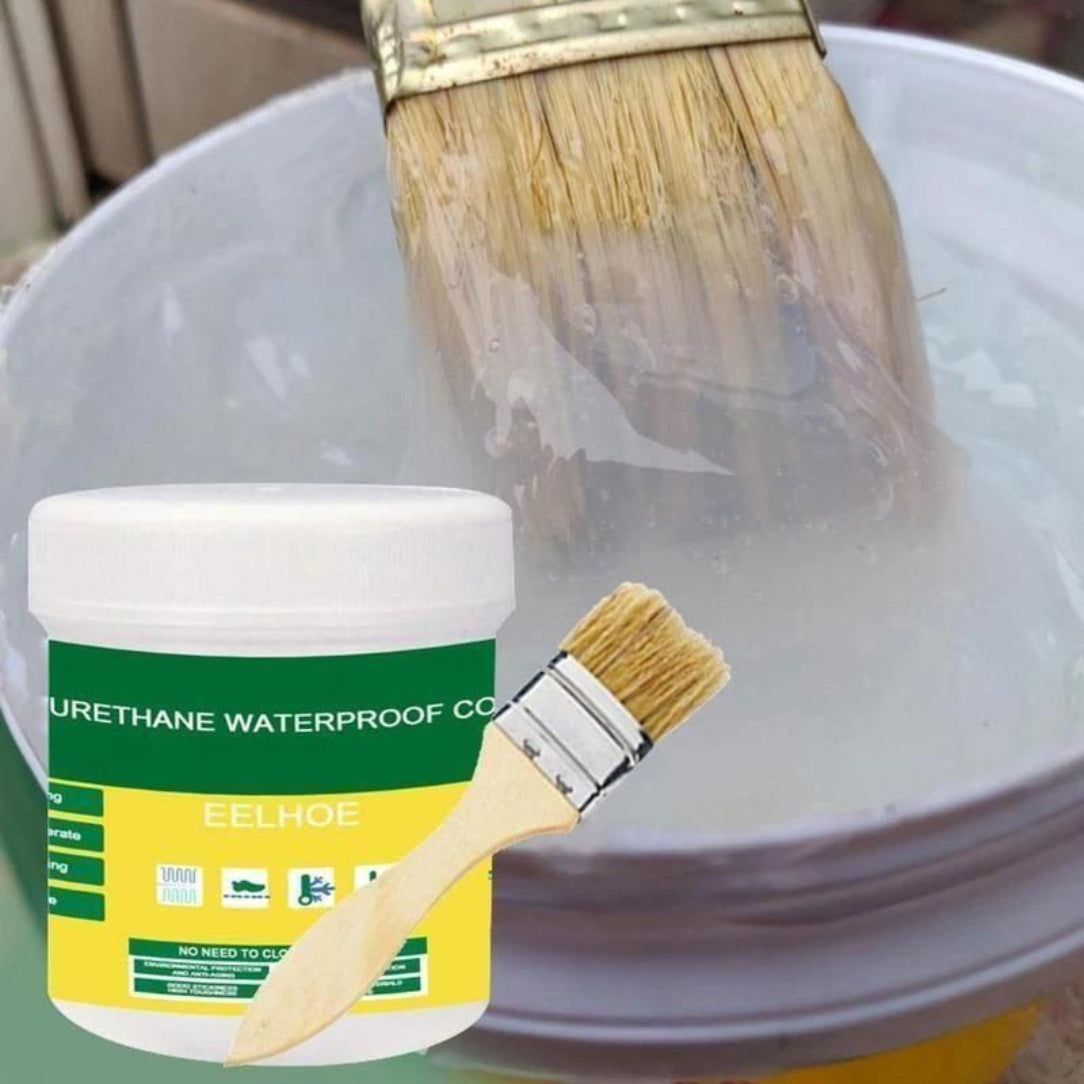 A container of waterproof glue with a brush next to it, indicating the product is liquid and applied in that form.