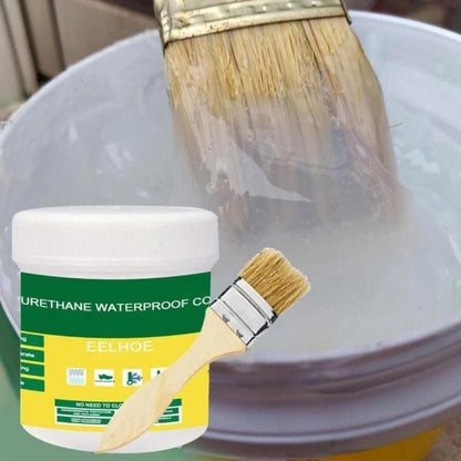 A container of waterproof glue with a brush next to it, indicating the product is liquid and applied in that form.