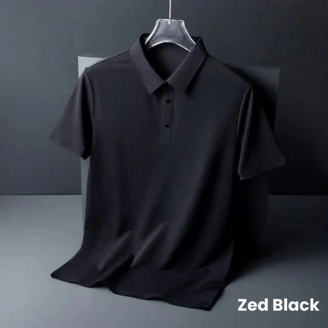 Black polo shirt on a hanger against a dark background with 'Zed Black' branding.