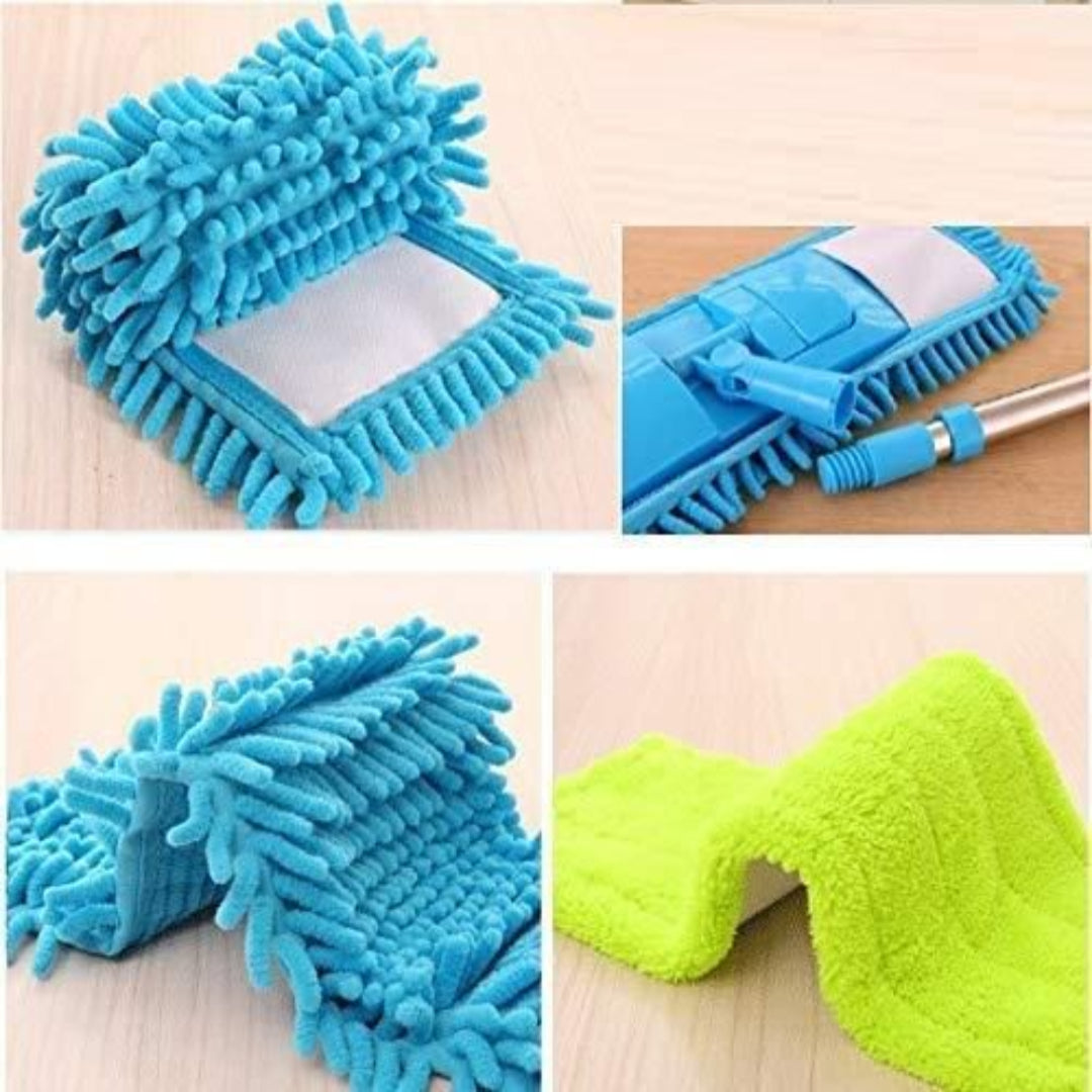 Collage of blue and green cleaning cloths on a wooden surface