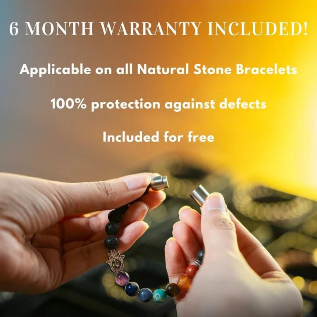 Two hands holding a colorful beaded bracelet with a blurred background and warranty text overlay.