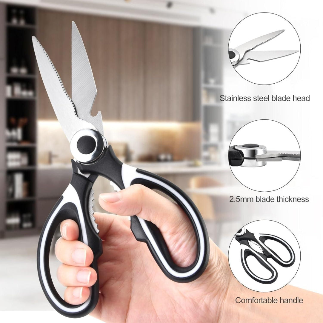 Hand holding a pair of kitchen shears with product features highlighted
