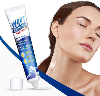 Wart remover ointment tube with a woman applying it to her neck.