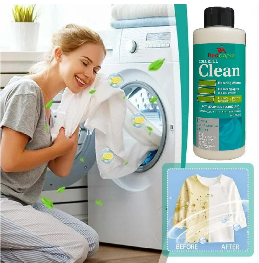 Woman holding clean clothes with a washing machine and cleaning product in the background