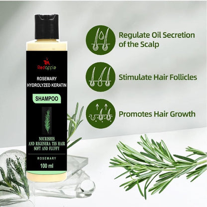Shampoo bottle with rosemary hydrolyzed keratin ingredients and benefits on a gray background