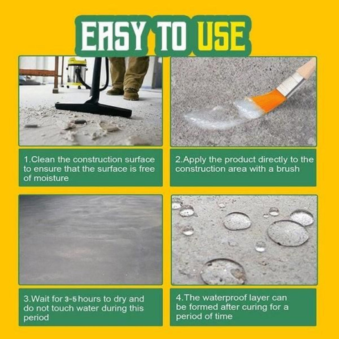 Instructions for using a waterproofing product on construction surfaces with images and text.