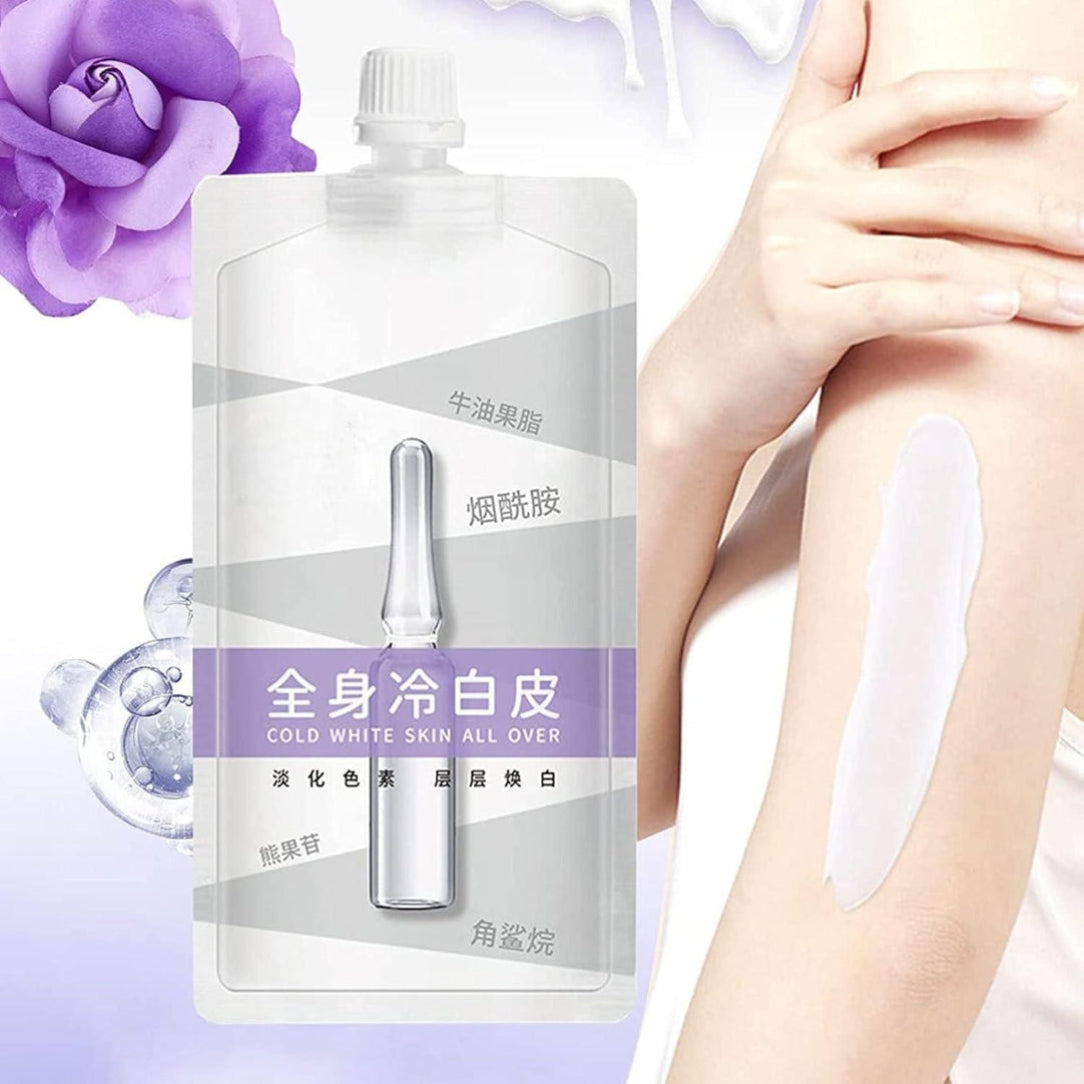 A packaged skin whitening cream with its application demonstrated on a person's forearm.
