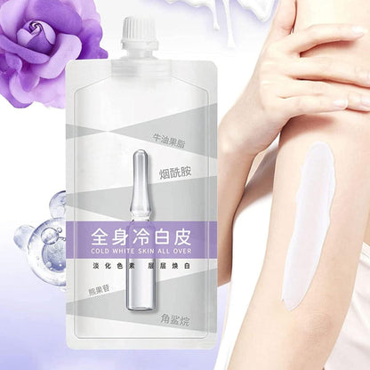 A packaged skin whitening cream with its application demonstrated on a person's forearm.