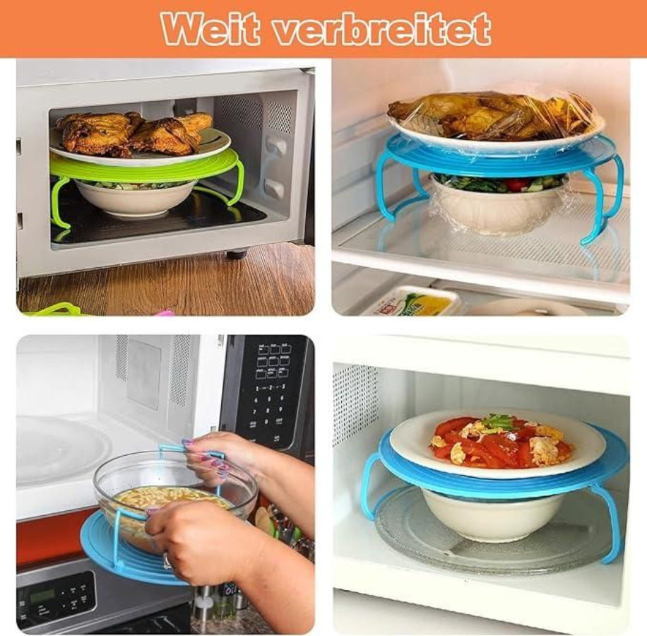 Collage of a microwave cooking rack in use with various dishes.