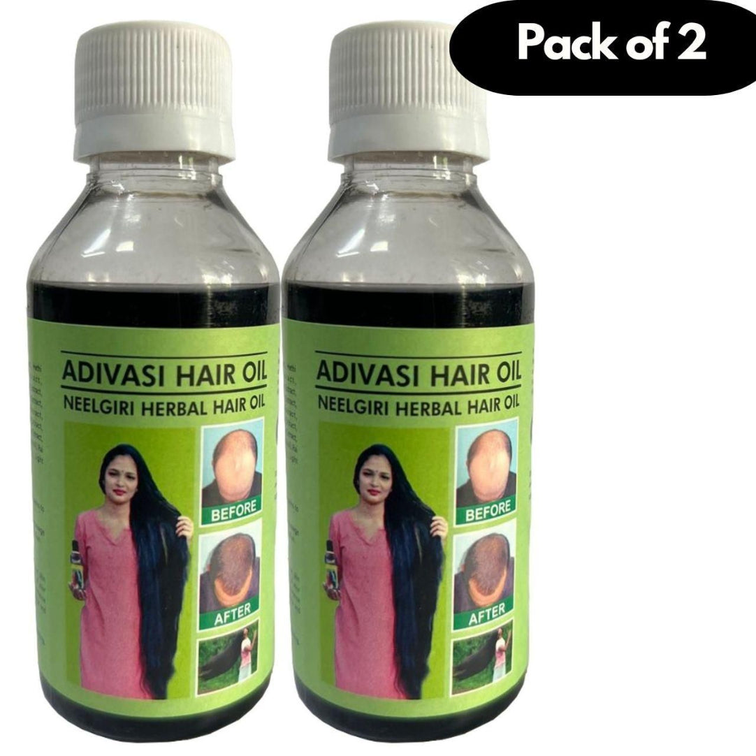 Two bottles of Adivasi Hair Oil with green labels showing before and after effects on hair.