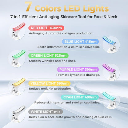7-color LED lights for skincare tool with descriptions on a light blue background