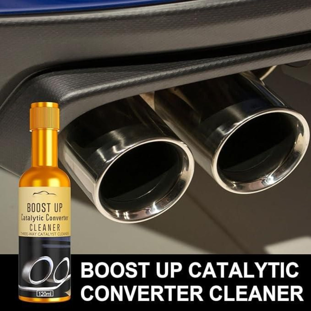 Boost Up Catalytic Converter Cleaner bottle with car exhaust in the background