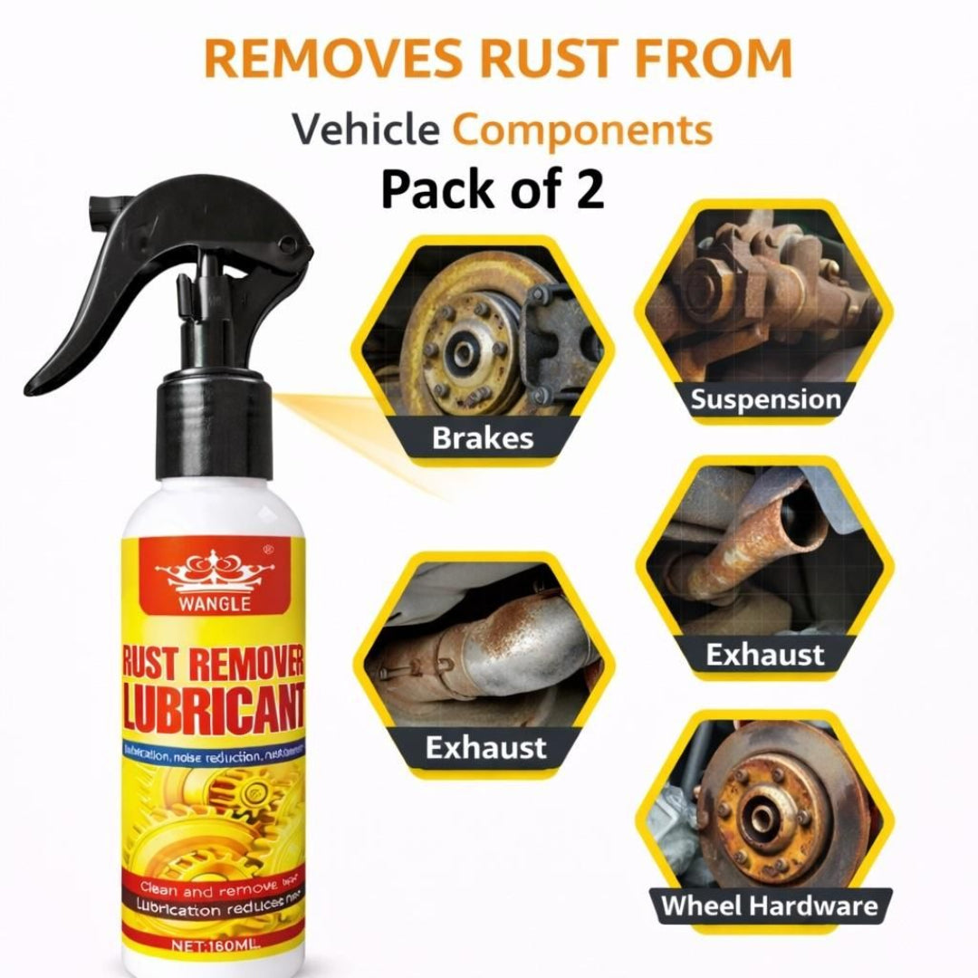 Wangle rust remover spray bottle with images of rusted vehicle components on a white background