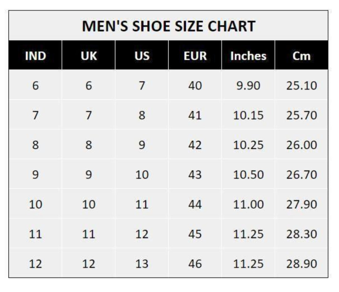 Men's shoe size chart with measurements in inches and centimeters