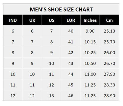Men's shoe size chart with measurements in inches and centimeters