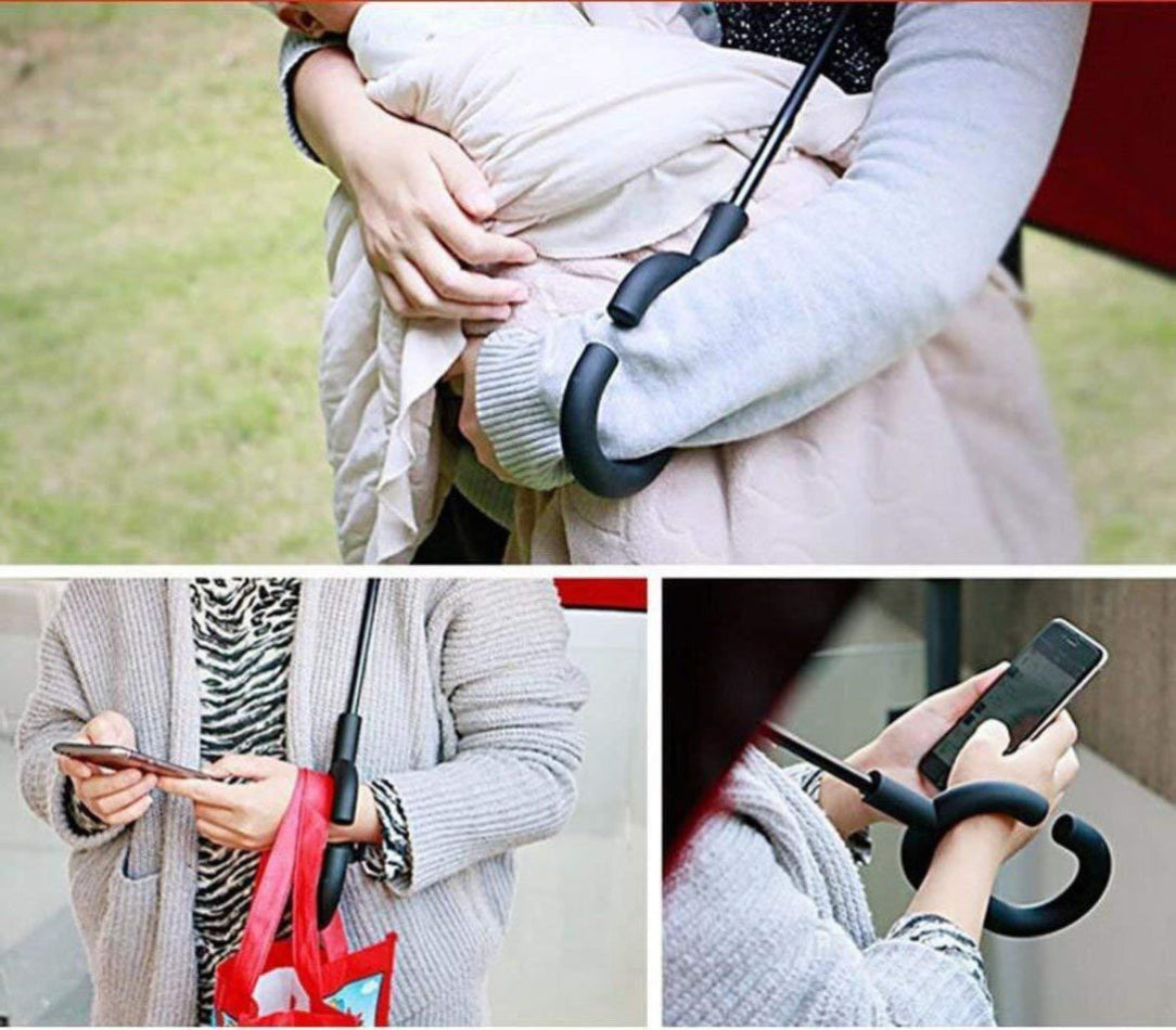 Collage of a person using a black umbrella handle accessory in various settings.