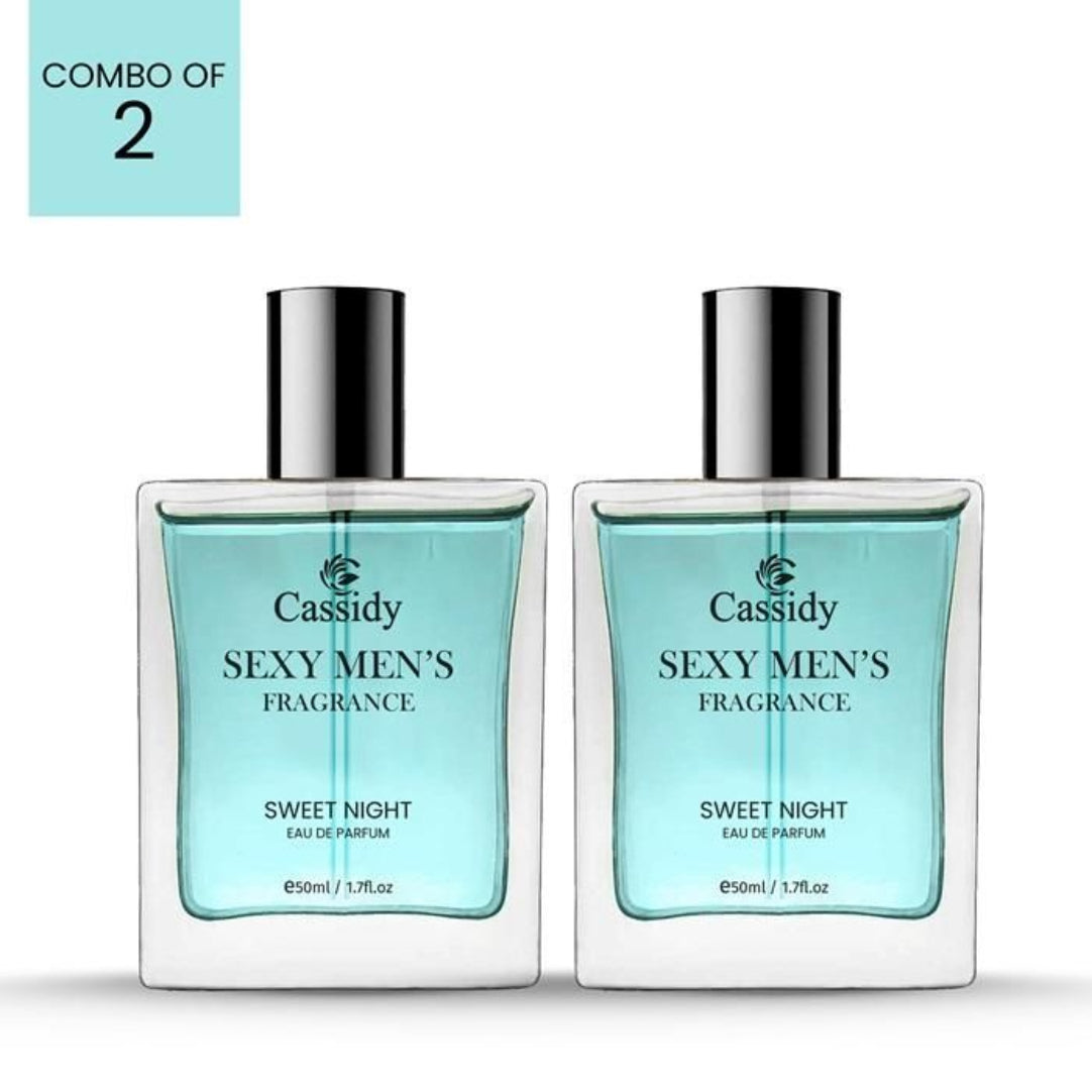 Two bottles of CASSIDY Sexy Men's Sweet Night Eau de Parfum, 50ml each, with a blue label and clear glass design.