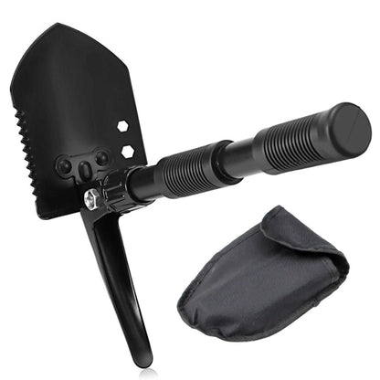 Black folding shovel with carrying pouch on a white background