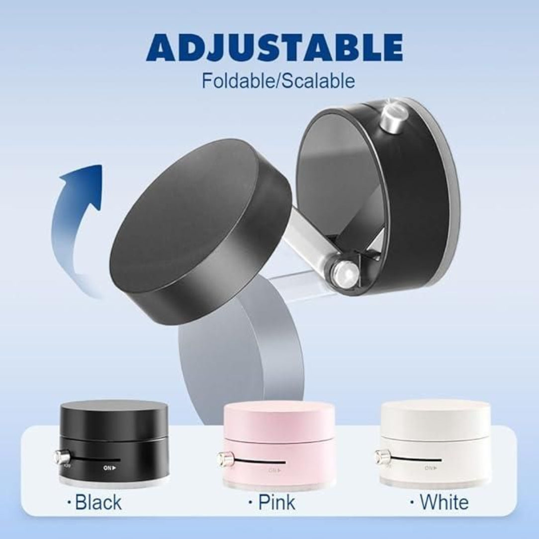 Adjustable foldable/scalable product with black, pink, and white color options on a light blue background.
