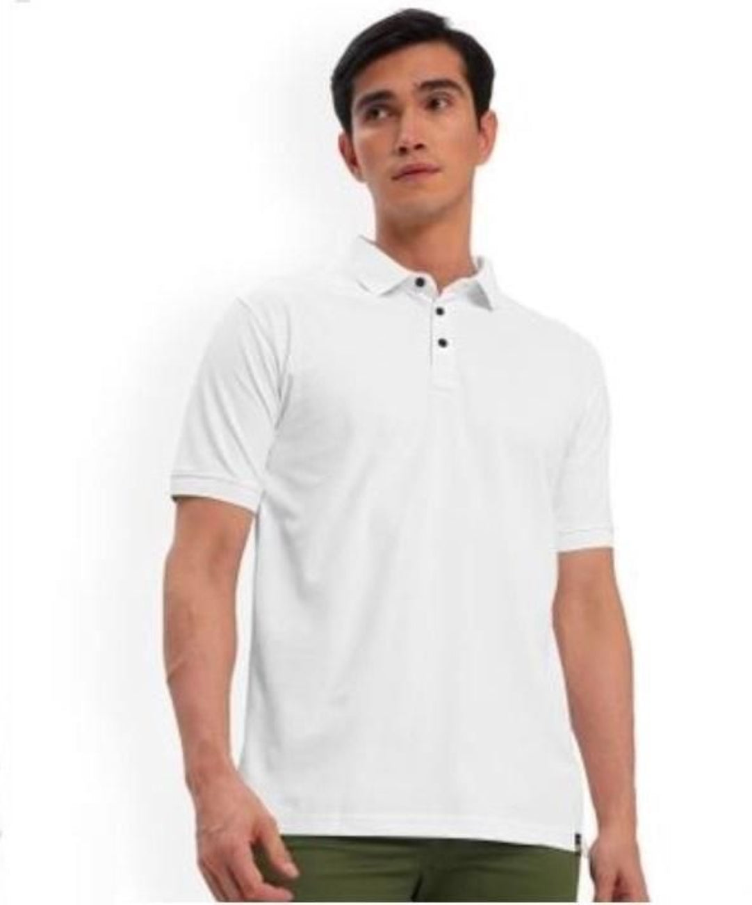 Man wearing a white polo shirt on a white background